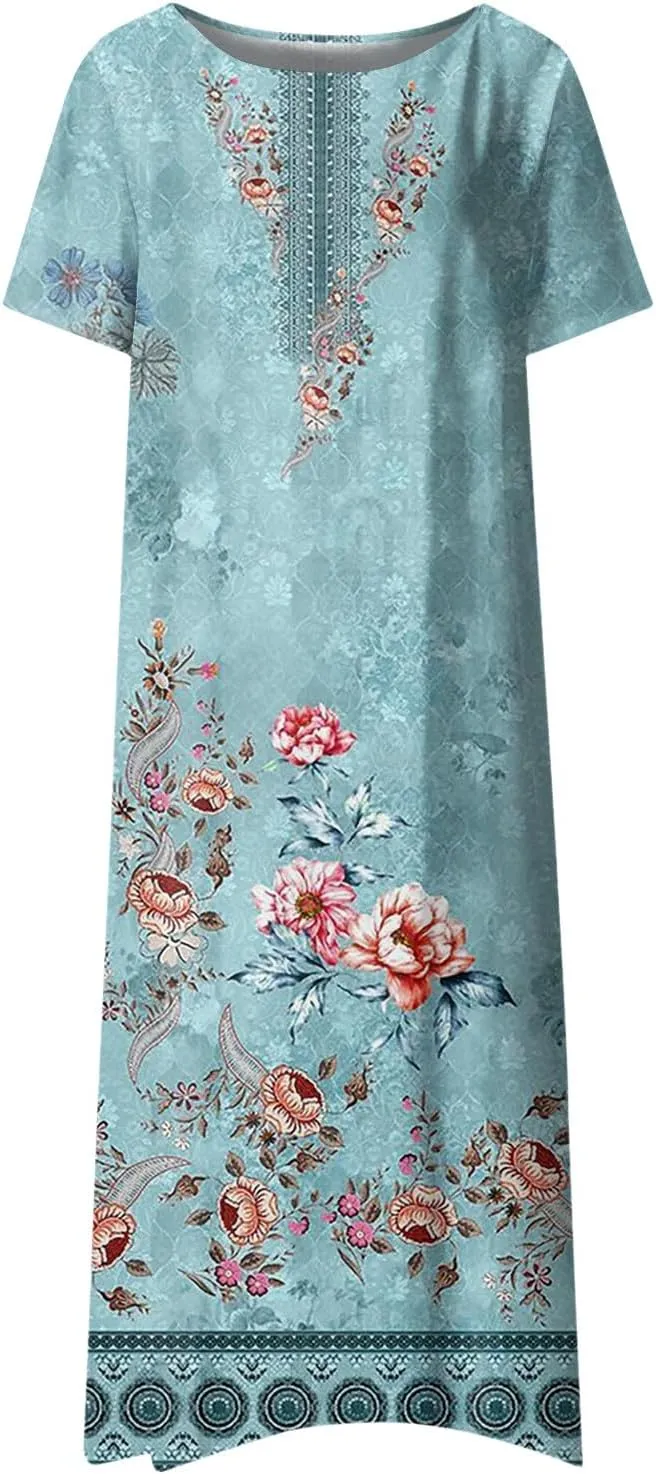 FlekmanArt Women's 2025 Summer Maxi Dress, Pocket Printed, Pleated Round Neck, Short Sleeve, Casual, Long Dress