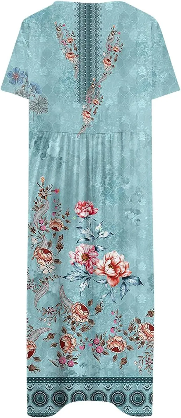 FlekmanArt Women's 2025 Summer Maxi Dress, Pocket Printed, Pleated Round Neck, Short Sleeve, Casual, Long Dress