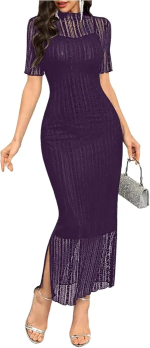 Floerns Women's Contrast Lace Mock Neck Pencil Dress Mesh Short Sleeve Slit Midi Dresses