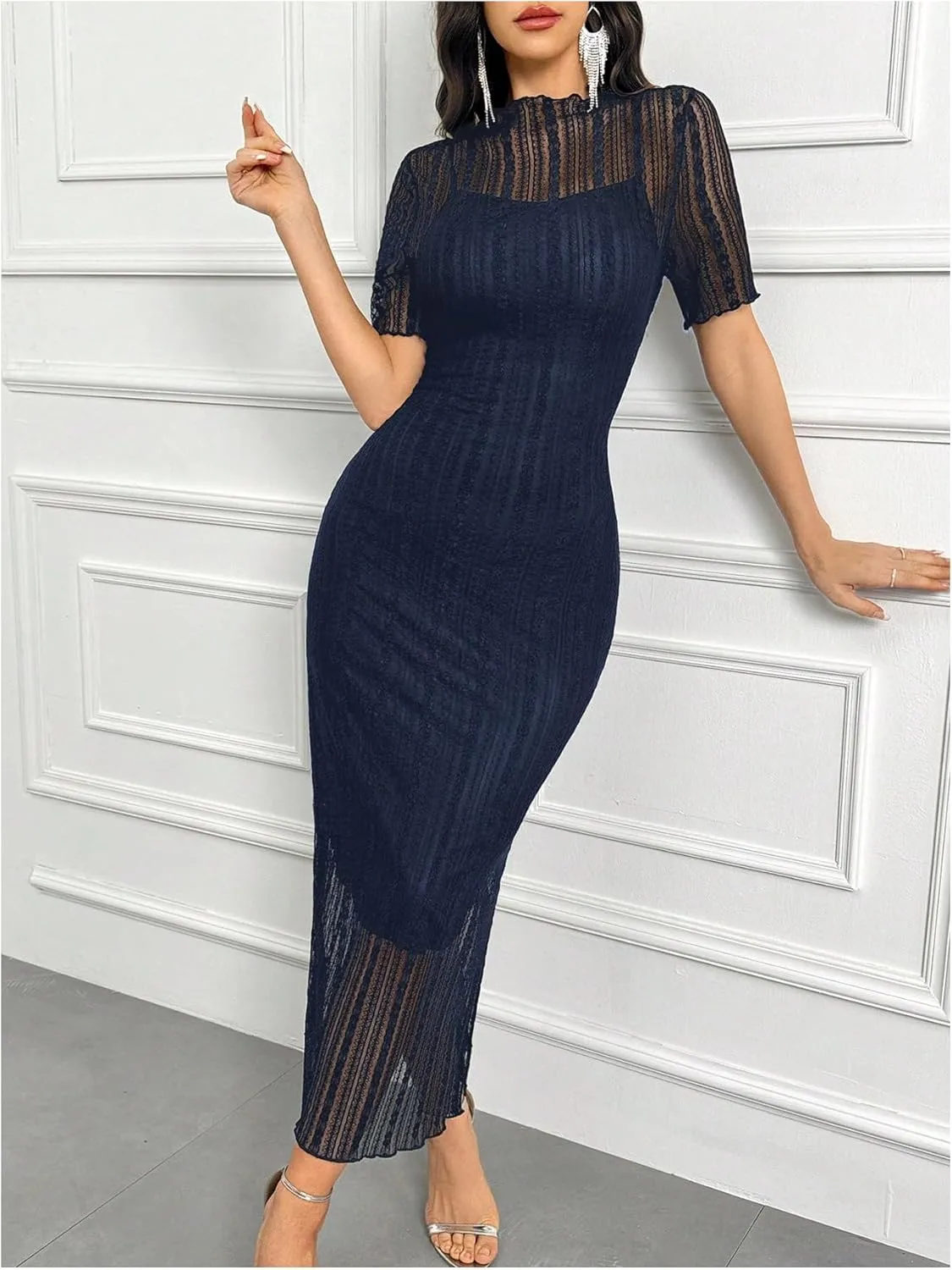 Floerns Women's Contrast Lace Mock Neck Pencil Dress Mesh Short Sleeve Slit Midi Dresses