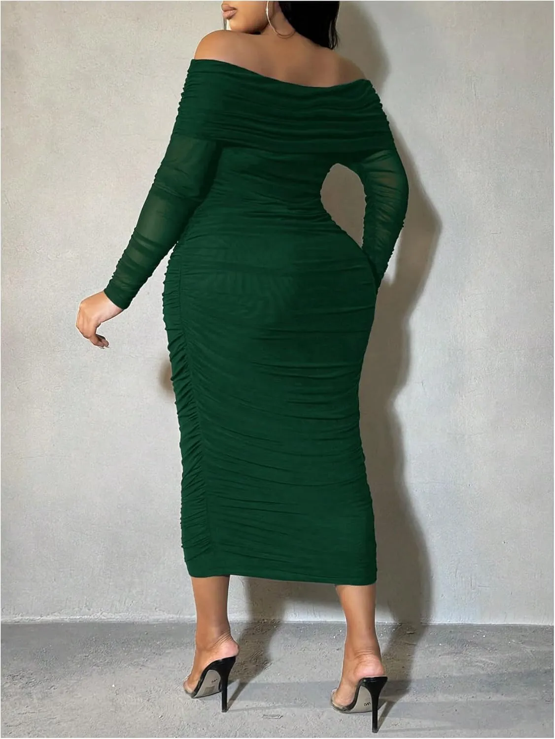 Floerns Women's Plus Size Off Shoulder Long Sleeve Midi Dress Ruched Mesh Bodycon Dresses