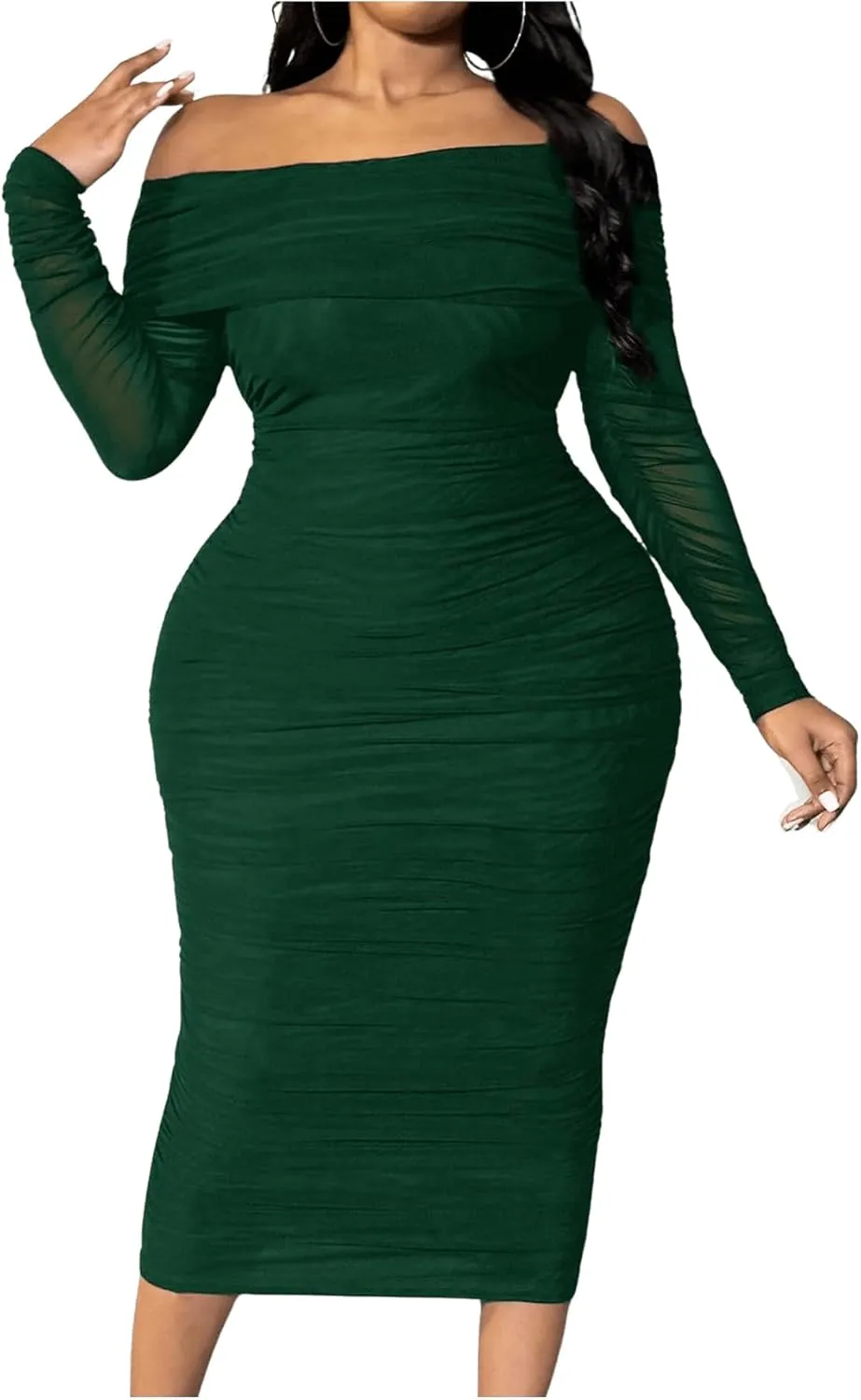 Floerns Women's Plus Size Off Shoulder Long Sleeve Midi Dress Ruched Mesh Bodycon Dresses
