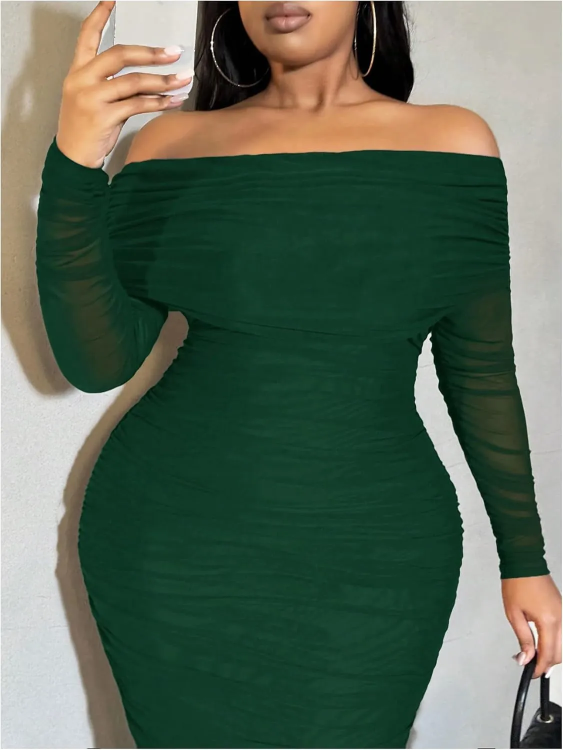 Floerns Women's Plus Size Off Shoulder Long Sleeve Midi Dress Ruched Mesh Bodycon Dresses