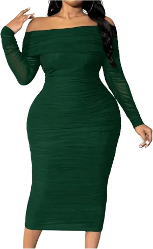 Floerns Women's Plus Size Off Shoulder Long Sleeve Midi Dress Ruched Mesh Bodycon Dresses