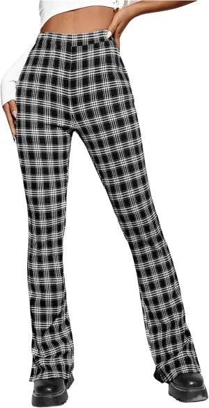 Floerns Women's Y2k Plaid Print High Waist Trousers Split Side Straight Leg Long Pants
