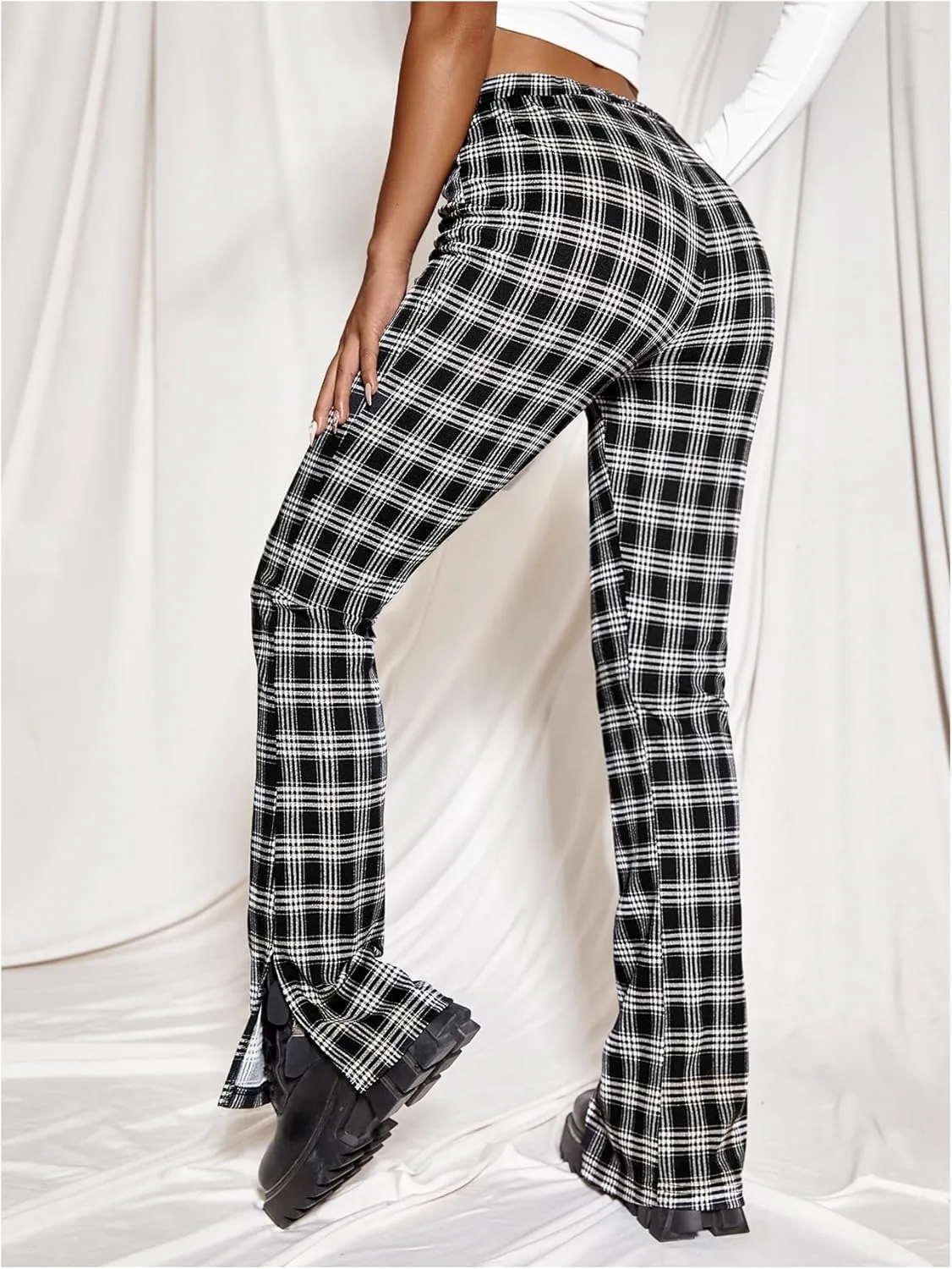 Floerns Women's Y2k Plaid Print High Waist Trousers Split Side Straight Leg Long Pants