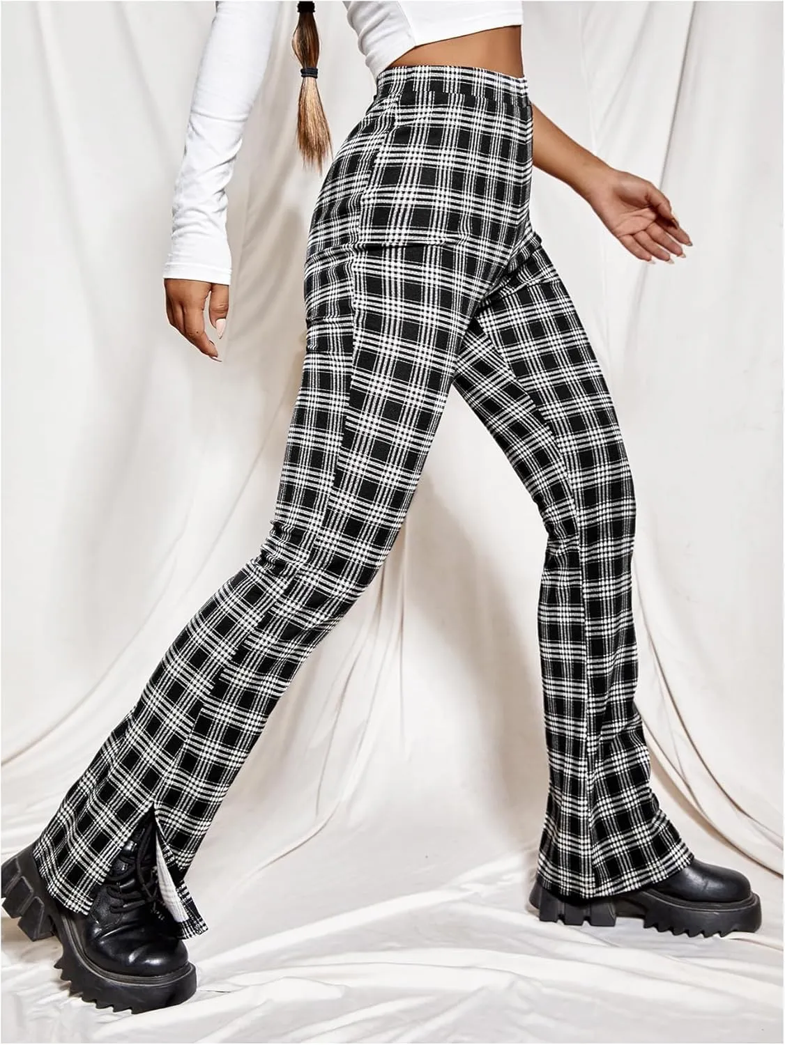 Floerns Women's Y2k Plaid Print High Waist Trousers Split Side Straight Leg Long Pants