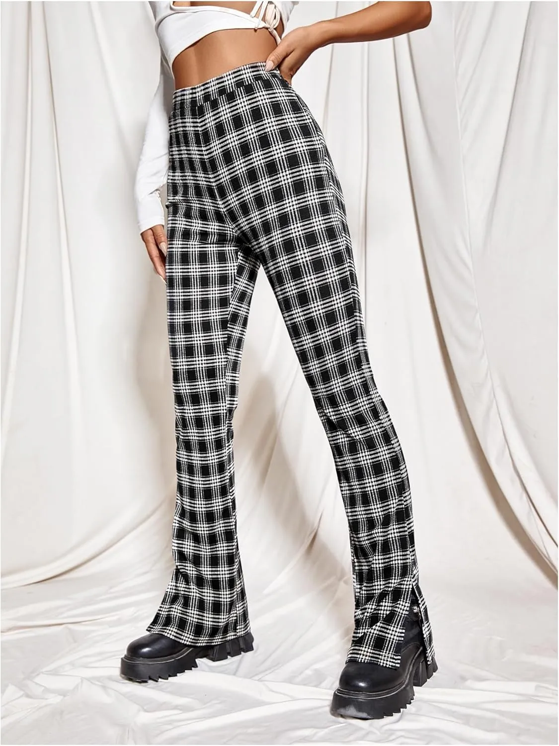 Floerns Women's Y2k Plaid Print High Waist Trousers Split Side Straight Leg Long Pants