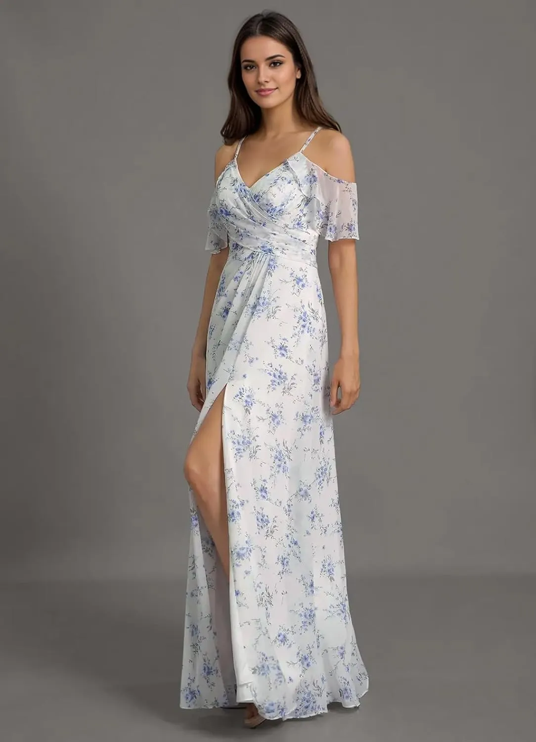 Floral Chiffon Bridesmaid Dress with Slit for Women 2025 Long A Line Chiffon Formal Party Dress