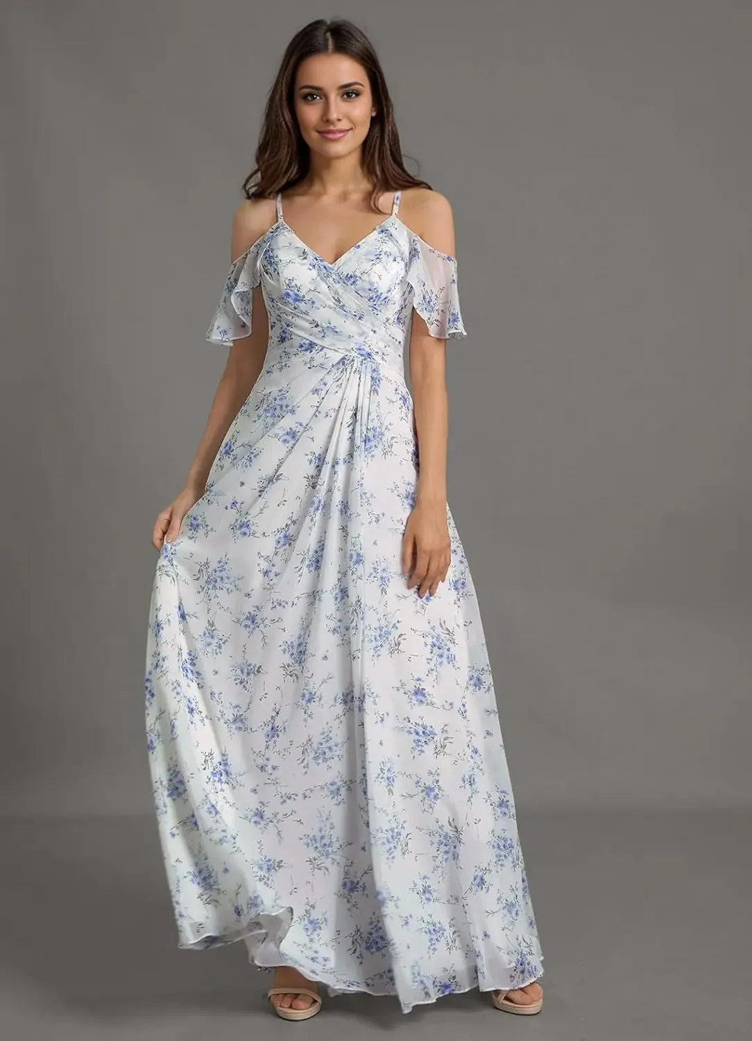 Floral Chiffon Bridesmaid Dress with Slit for Women 2025 Long A Line Chiffon Formal Party Dress