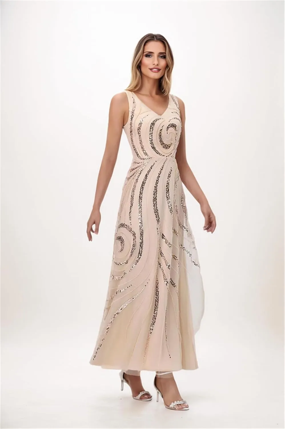 Floral Sequin Mother of The Bride Dresses with Jacket Long Sleeves Chiffon 2 Piece Dressy Women Formal Evening Dress