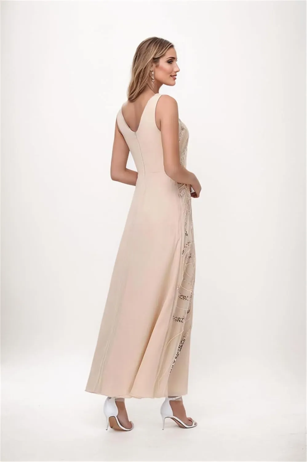 Floral Sequin Mother of The Bride Dresses with Jacket Long Sleeves Chiffon 2 Piece Dressy Women Formal Evening Dress