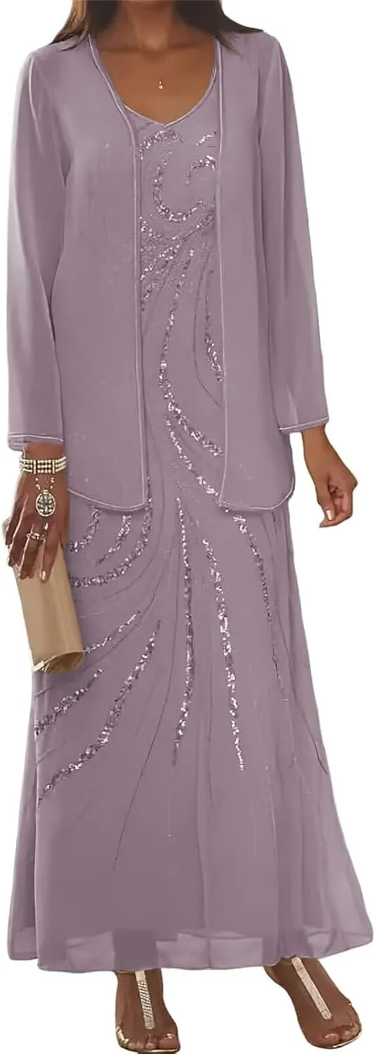 Floral Sequin Mother of The Bride Dresses with Jacket Long Sleeves Chiffon 2 Piece Dressy Women Formal Evening Dress