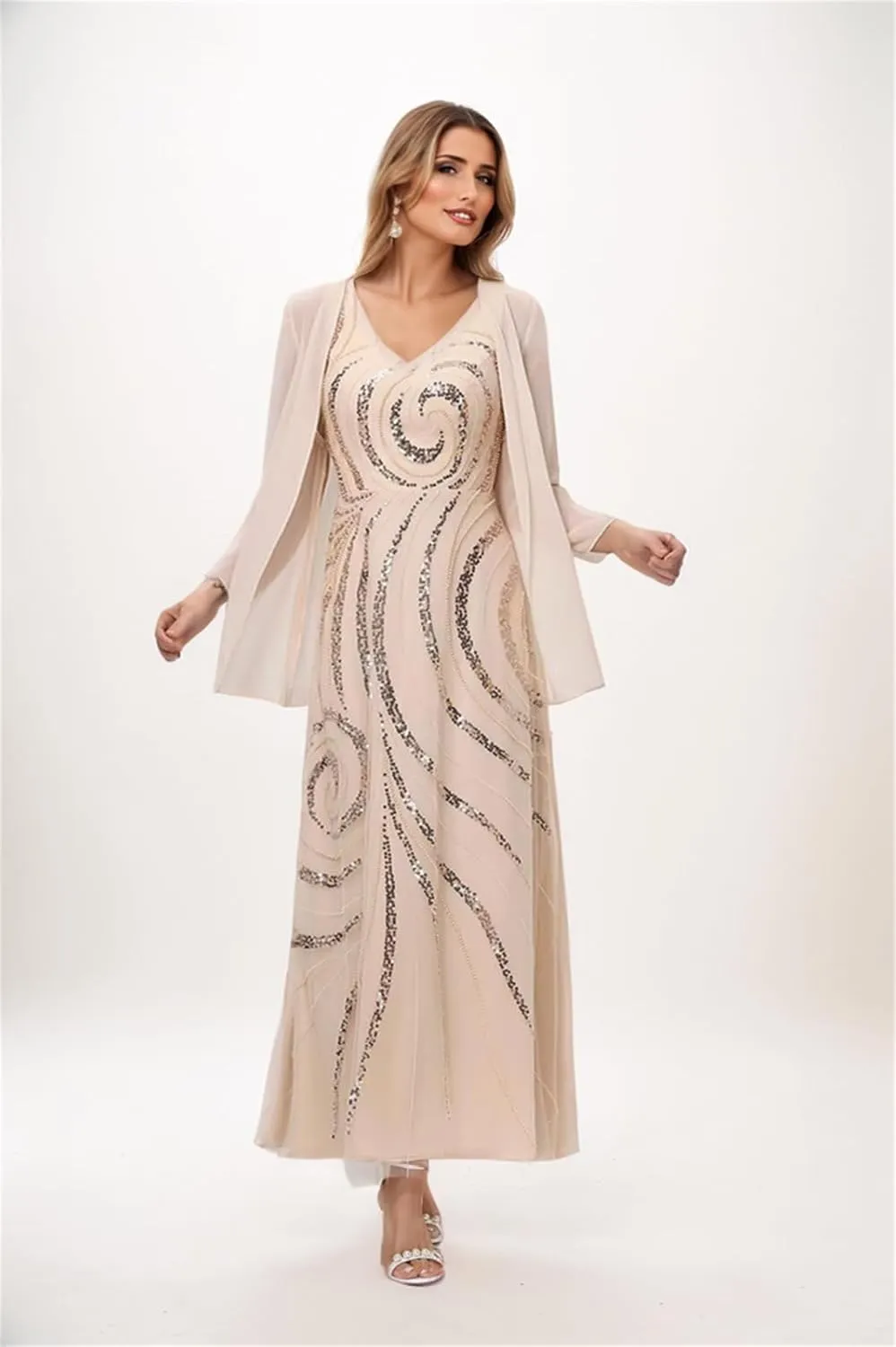 Floral Sequin Mother of The Bride Dresses with Jacket Long Sleeves Chiffon 2 Piece Dressy Women Formal Evening Dress