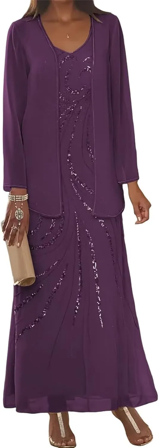Floral Sequin Mother of The Bride Dresses with Jacket Long Sleeves Chiffon 2 Piece Dressy Women Formal Evening Dress