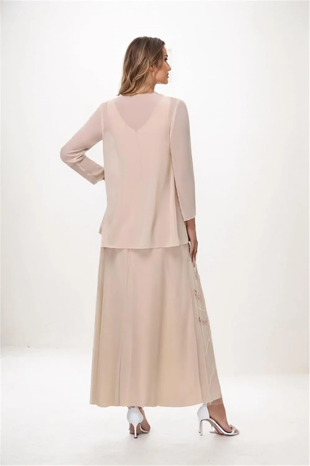 Floral Sequin Mother of The Bride Dresses with Jacket Long Sleeves Chiffon 2 Piece Dressy Women Formal Evening Dress