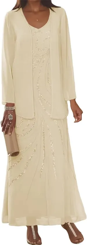 Floral Sequin Mother of The Bride Dresses with Jacket Long Sleeves Chiffon 2 Piece Dressy Women Formal Evening Dress