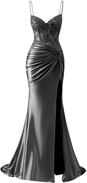 ForElise Spaghetti Strap Satin Prom Dresses 2025 Long Mermaid Lace Applique Corset Evening Gown with Slit