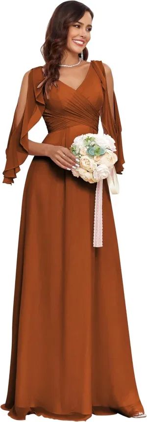 GARDOM Ruffle Sleeve Chiffon Bridesmaid Dresses for Women Cold Shoulder Formal Dress for Wedding 2025 V Neck Evening Gowns