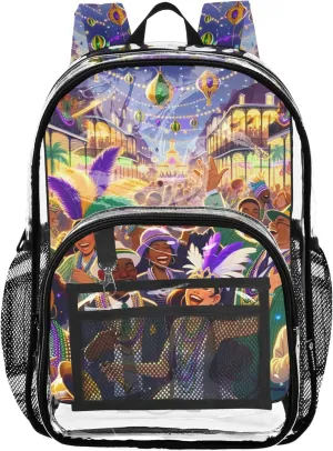 Girls Backpack for Kids Festive Mardi Gras Carnival Travel Clear Backpack Floral School Clear Plastic Bag Pvc