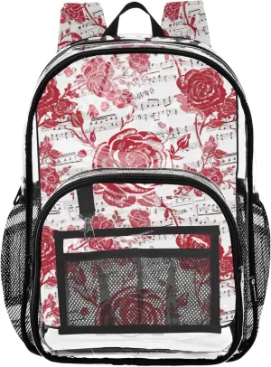 Girls Backpack Kids Boys Red Roses Music Art Travel Clear Bags for Women Pvc School Plastic Bookbag