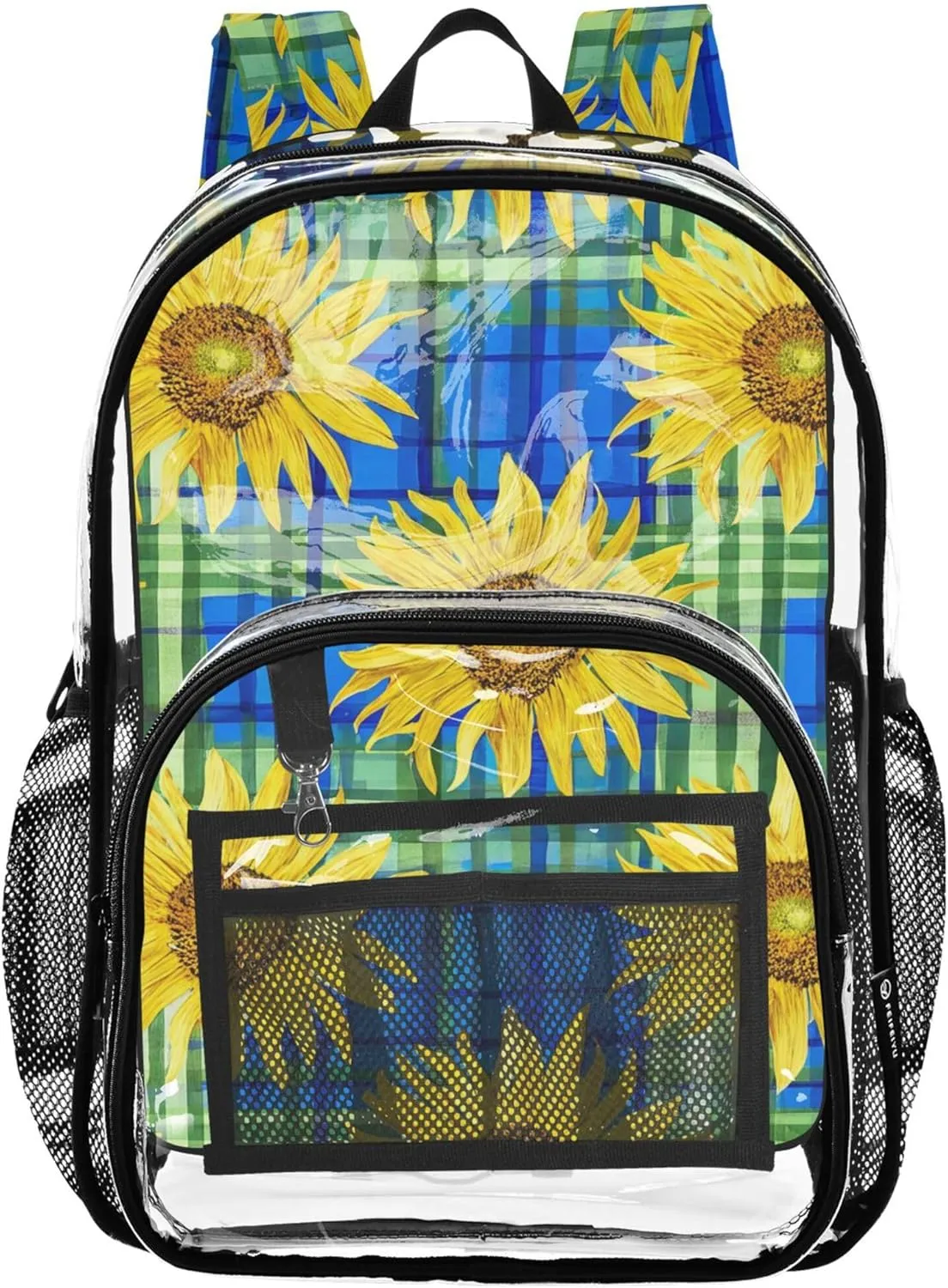 Girls Backpack Kids Boys Yellow Sunflowers Gingham Blue Clear Backpack Women Cute Plastic School Clear Bookbag