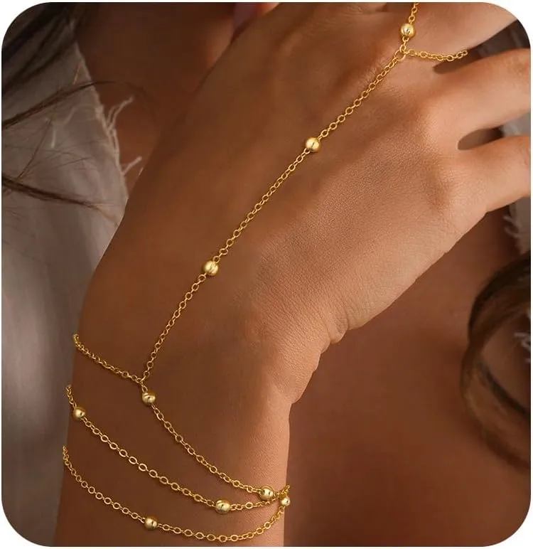 Gold Hand Chain Bracelets for Women TrendyDainty 14k Gold Plated Ring Bracelet Hand Chain Non Tarnish Beaded Cubic Zircon Infinity Finger Ring Slave Bracelet Stack Jewelry Gifts for Women