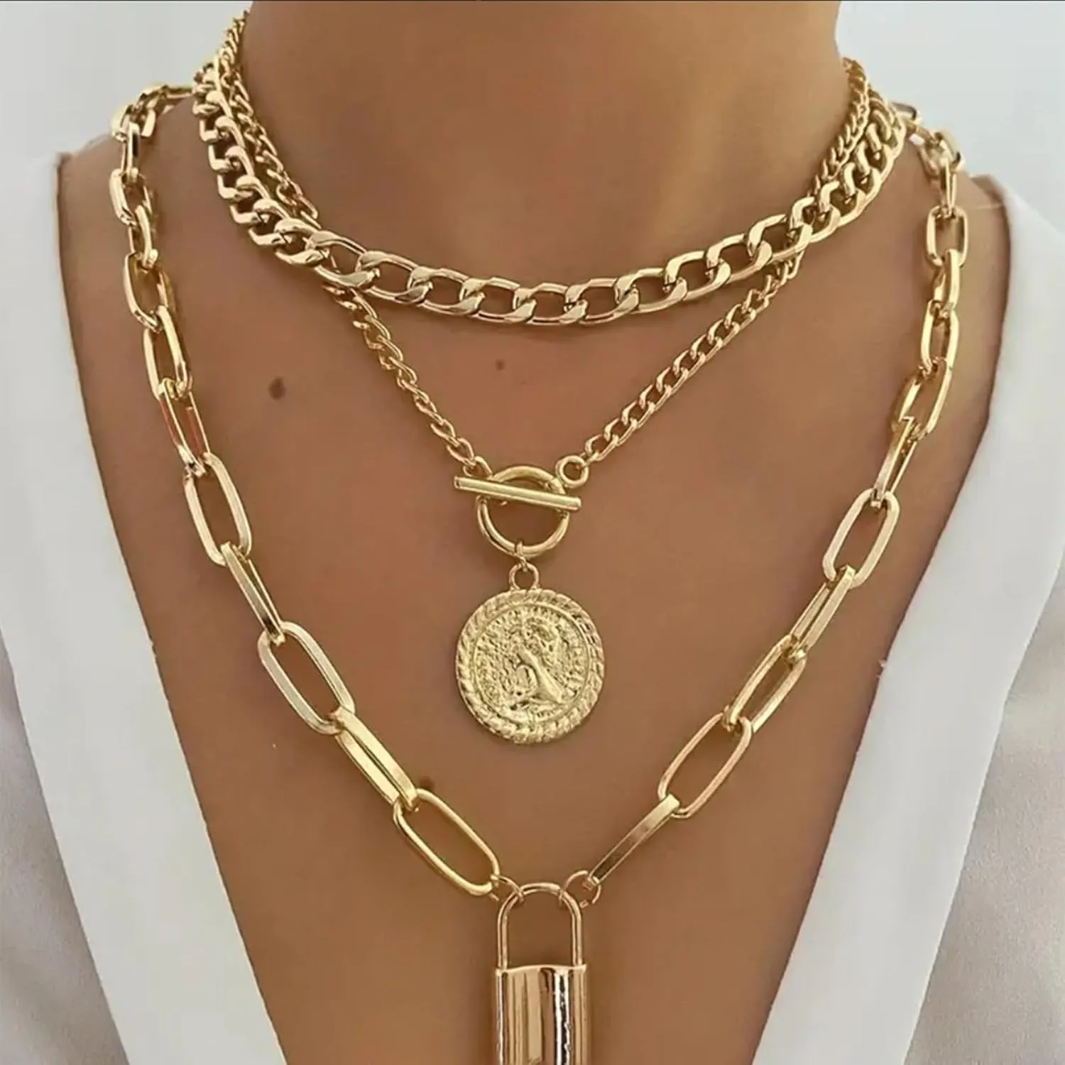 Gold Necklace Stack Chunky Heart Necklace Toggle Stacked Paperclip Chain Necklace Coin Heart Charm Necklace Layered Necklaces for Women Trendy Jewelry Gifts