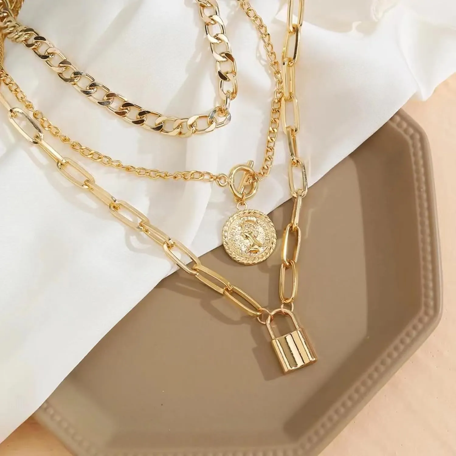 Gold Necklace Stack Chunky Heart Necklace Toggle Stacked Paperclip Chain Necklace Coin Heart Charm Necklace Layered Necklaces for Women Trendy Jewelry Gifts