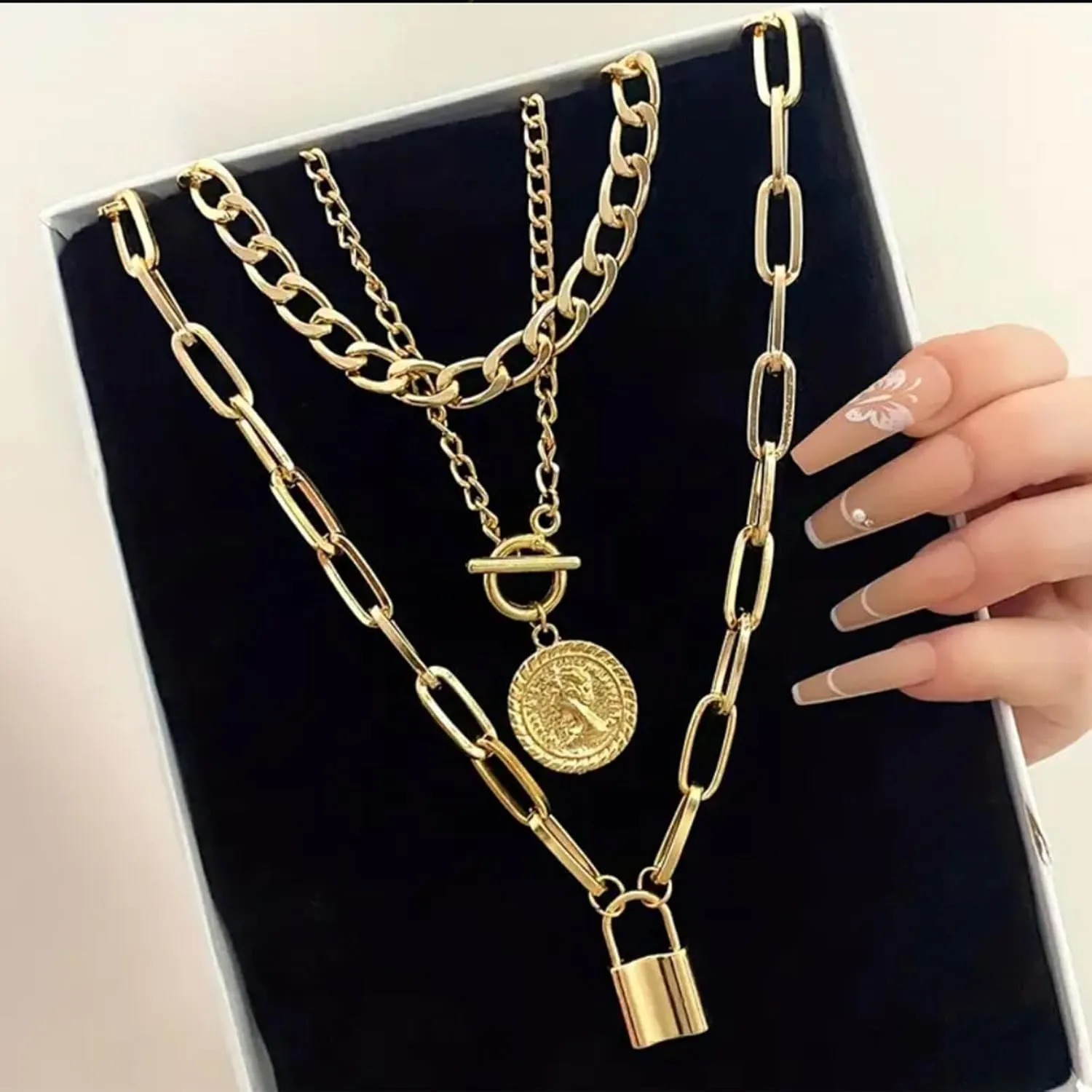 Gold Necklace Stack Chunky Heart Necklace Toggle Stacked Paperclip Chain Necklace Coin Heart Charm Necklace Layered Necklaces for Women Trendy Jewelry Gifts