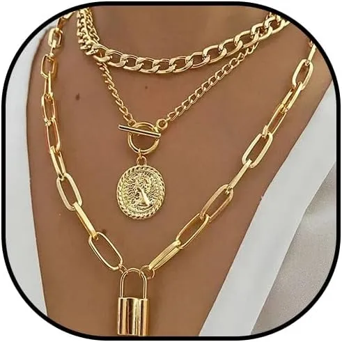 Gold Necklace Stack Chunky Heart Necklace Toggle Stacked Paperclip Chain Necklace Coin Heart Charm Necklace Layered Necklaces for Women Trendy Jewelry Gifts
