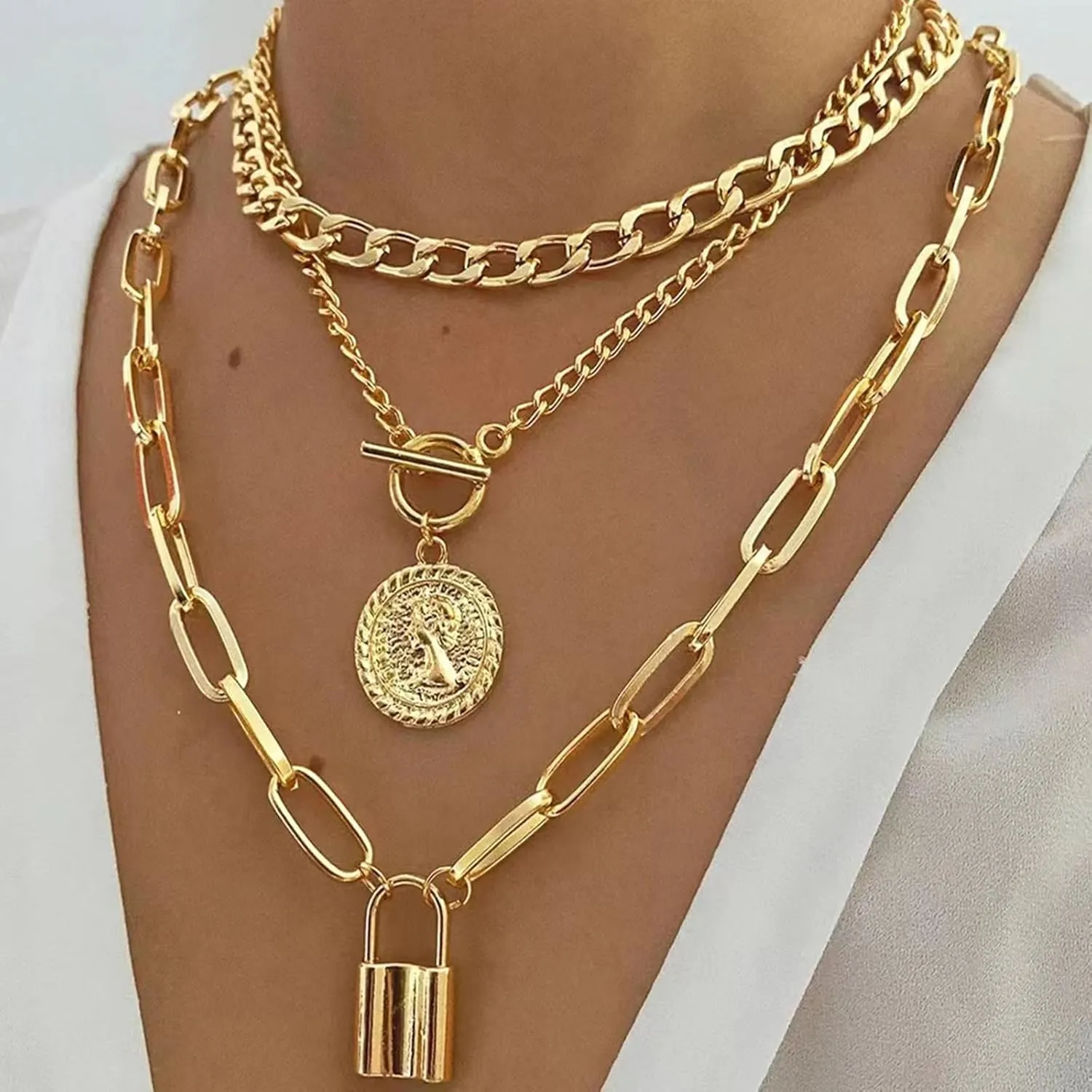 Gold Necklace Stack Chunky Heart Necklace Toggle Stacked Paperclip Chain Necklace Coin Heart Charm Necklace Layered Necklaces for Women Trendy Jewelry Gifts