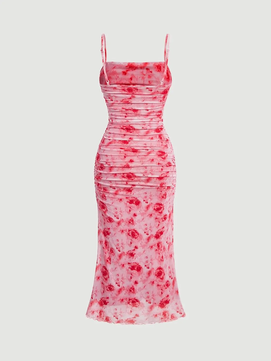 GORGLITTER Women's Floral Ruched Bodycon Midi Dress Mesh Sleeveless Fishtail Cami Dresses