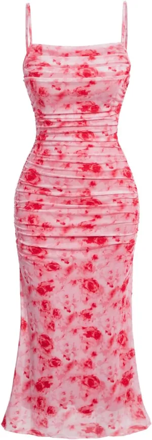 GORGLITTER Women's Floral Ruched Bodycon Midi Dress Mesh Sleeveless Fishtail Cami Dresses