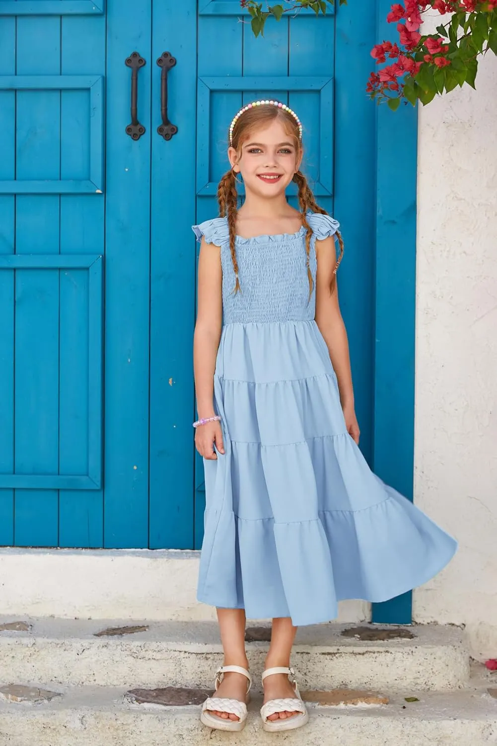 GRACE KARIN Girls Dress Summer Tie Back Party Dress Ruffle Sleeve Smoke Tiered Special Occasions Maxi Tween Dresses Size 5-14