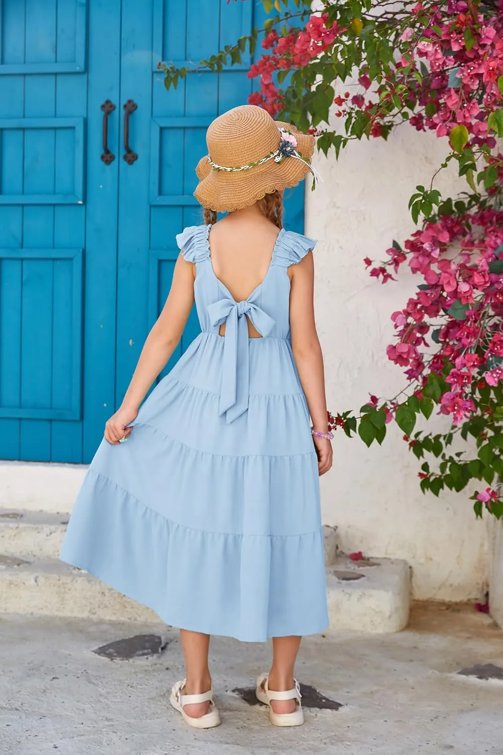 GRACE KARIN Girls Dress Summer Tie Back Party Dress Ruffle Sleeve Smoke Tiered Special Occasions Maxi Tween Dresses Size 5-14