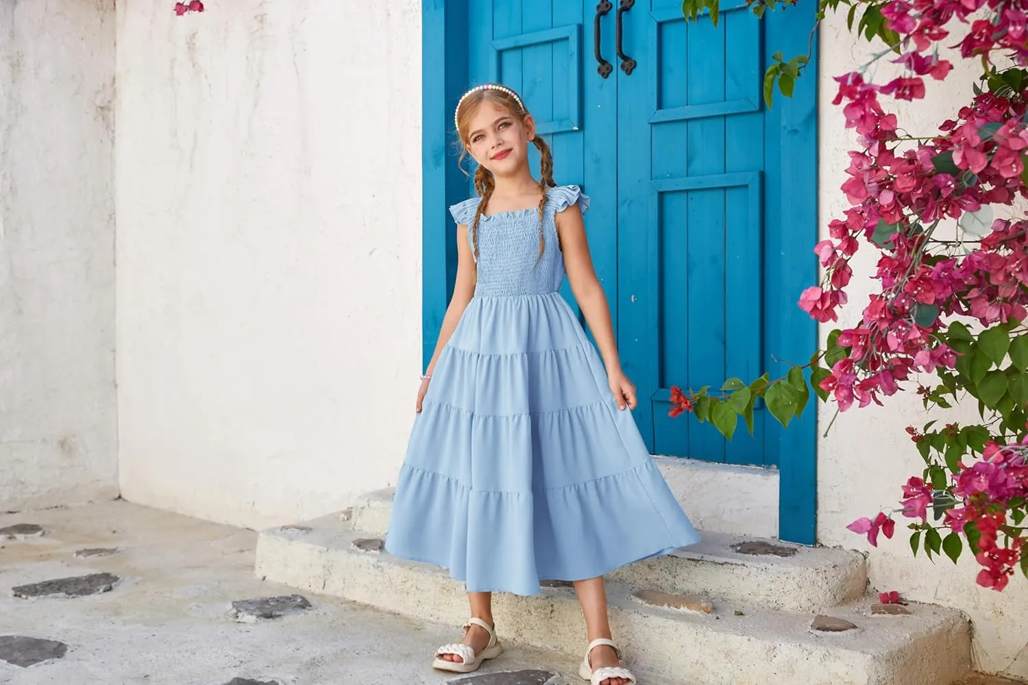 GRACE KARIN Girls Dress Summer Tie Back Party Dress Ruffle Sleeve Smoke Tiered Special Occasions Maxi Tween Dresses Size 5-14