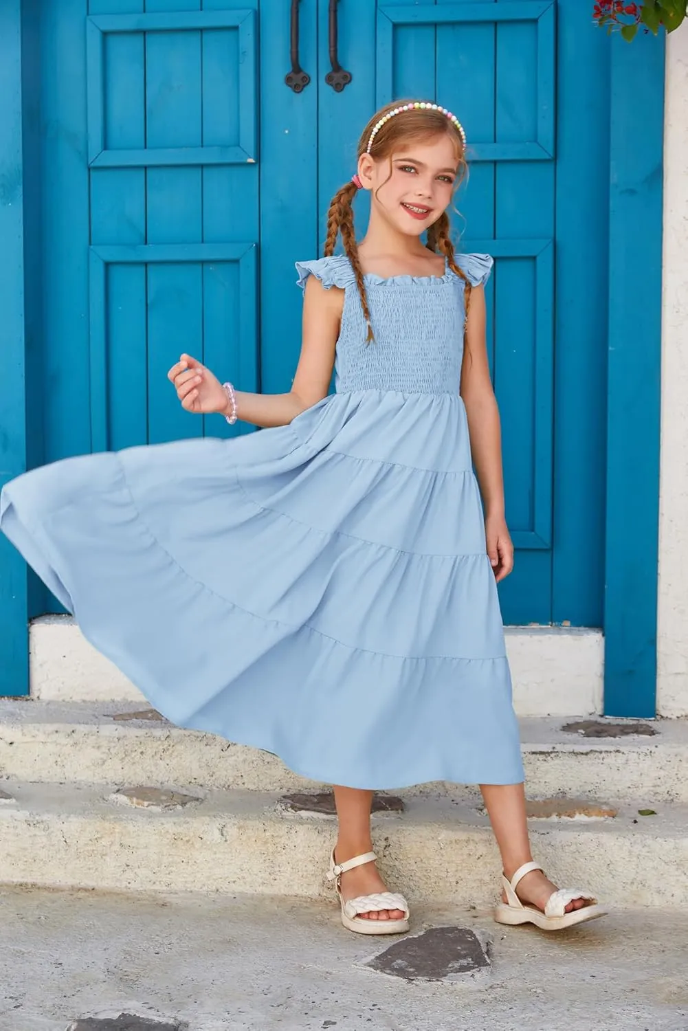 GRACE KARIN Girls Dress Summer Tie Back Party Dress Ruffle Sleeve Smoke Tiered Special Occasions Maxi Tween Dresses Size 5-14