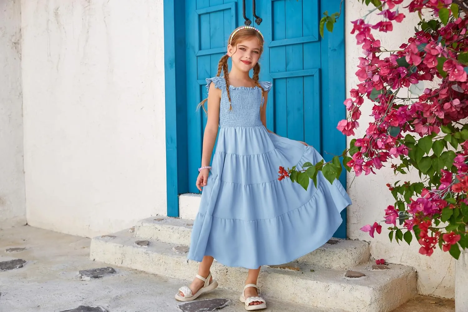 GRACE KARIN Girls Dress Summer Tie Back Party Dress Ruffle Sleeve Smoke Tiered Special Occasions Maxi Tween Dresses Size 5-14