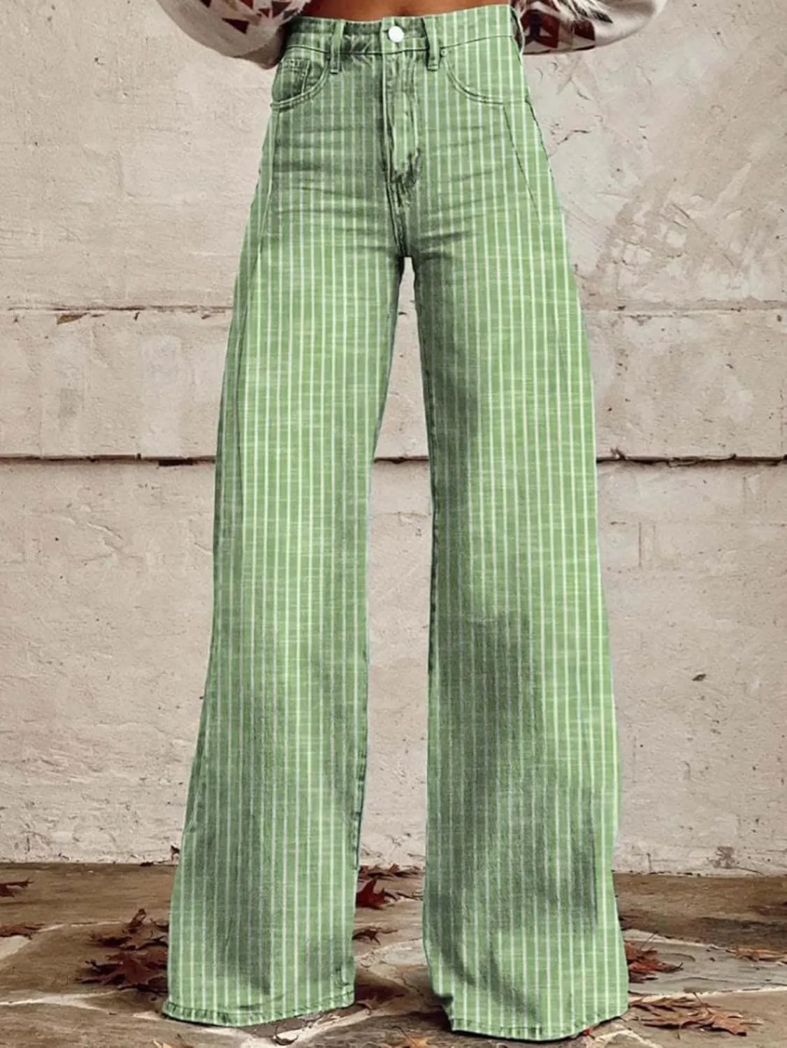 Hassembly Women Y2K Striped Jeans High Waist Button Wide Leg Casual Denim Pants Bootcut Flare Boyfriend Trousers with Pockets