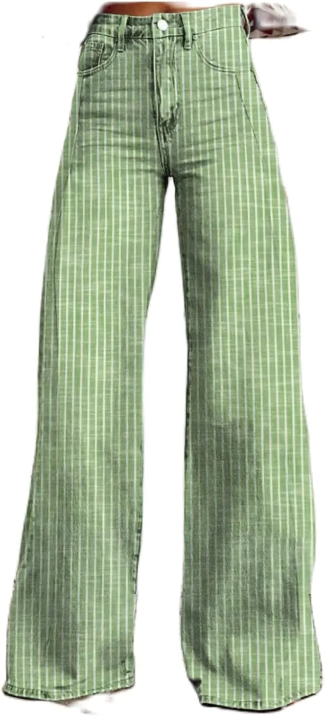 Hassembly Women Y2K Striped Jeans High Waist Button Wide Leg Casual Denim Pants Bootcut Flare Boyfriend Trousers with Pockets