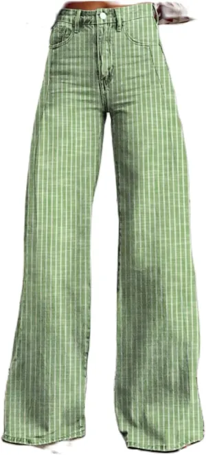 Hassembly Women Y2K Striped Jeans High Waist Button Wide Leg Casual Denim Pants Bootcut Flare Boyfriend Trousers with Pockets