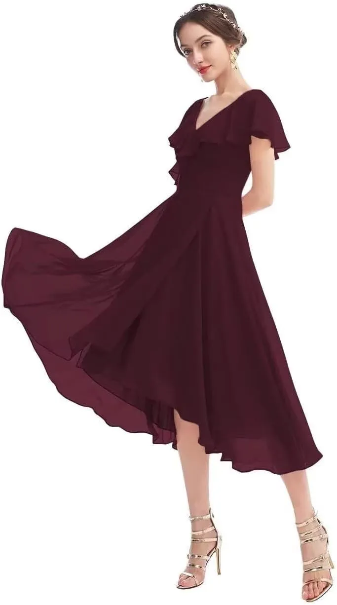 HEWEIGUI Chiffon Bridesmaid Dress for Women V Neck Short Sleeves Formal Cocktail Party Dress with Pockets