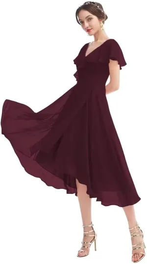 HEWEIGUI Chiffon Bridesmaid Dress for Women V Neck Short Sleeves Formal Cocktail Party Dress with Pockets
