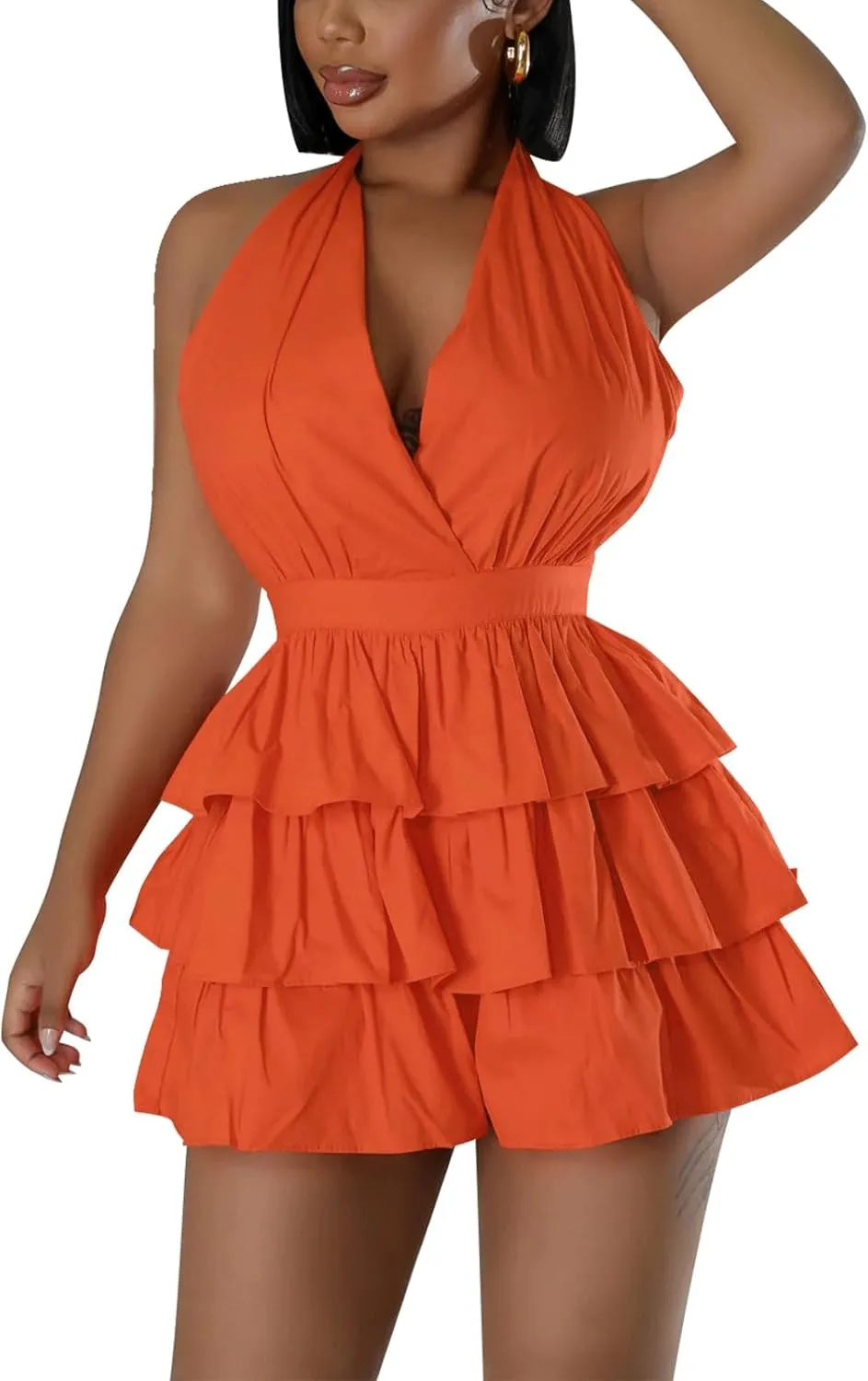 hibshaby Women's Halter Deep V Neck Boho Romper Backless Ruffle Sexy Mini Dress Short Jumpsuit