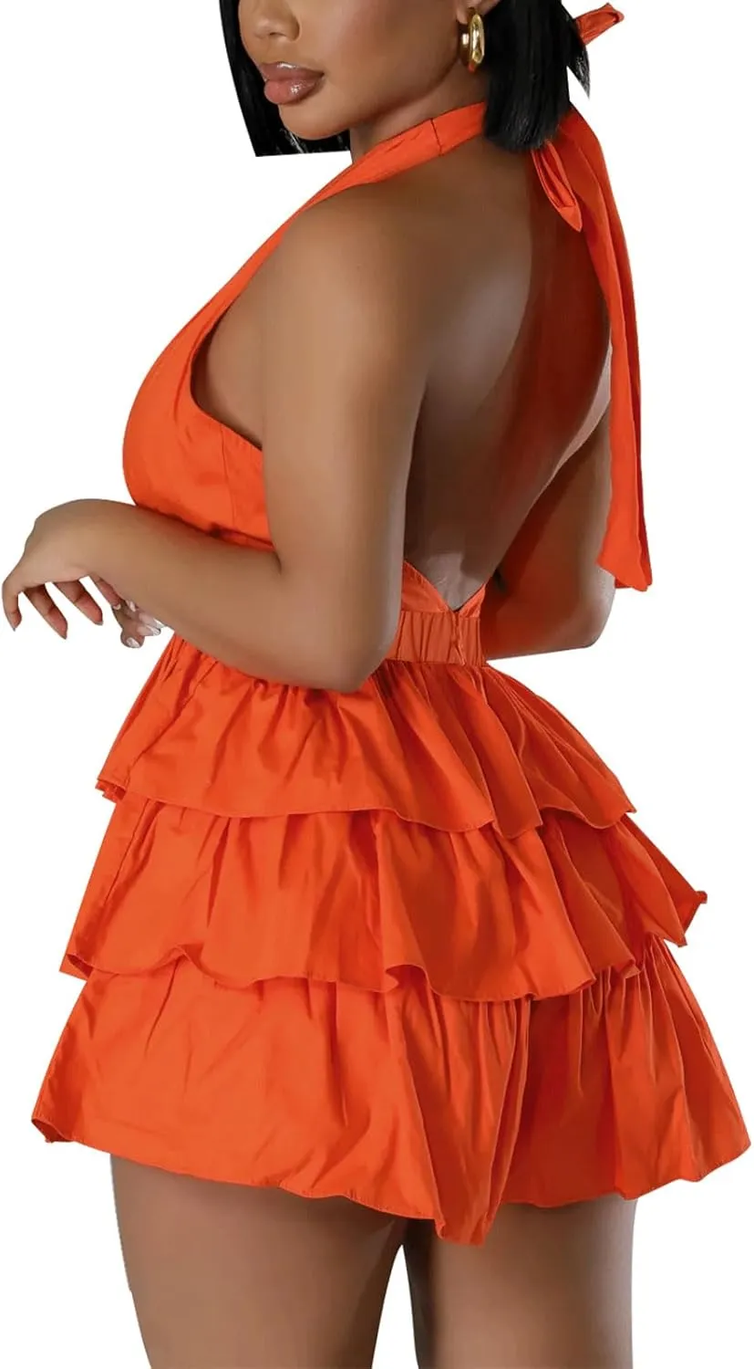 hibshaby Women's Halter Deep V Neck Boho Romper Backless Ruffle Sexy Mini Dress Short Jumpsuit