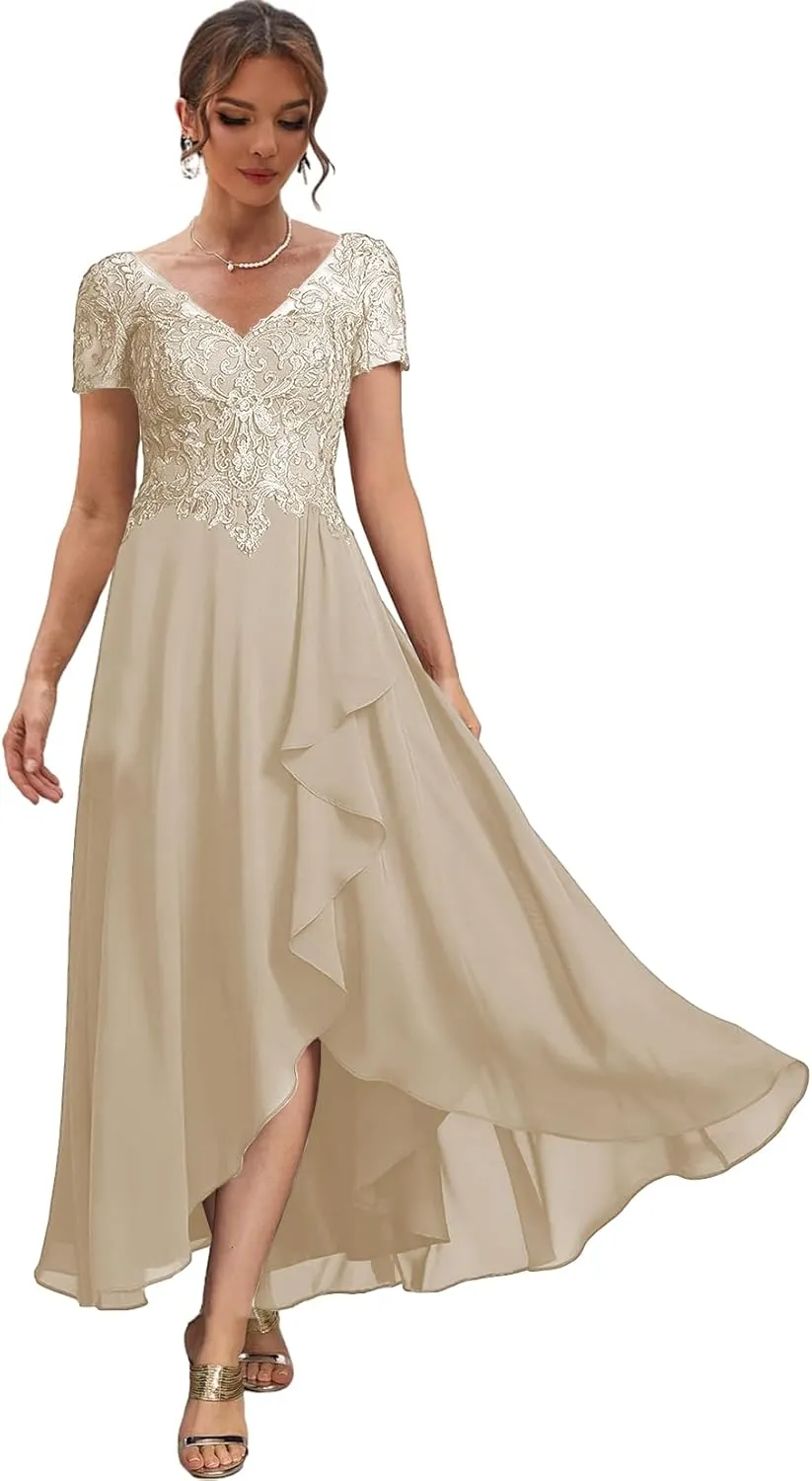 High Low Mother of The Bride Dresses with Sleeves Lace Formal Party Dress V Neck Evening Gowns for Women