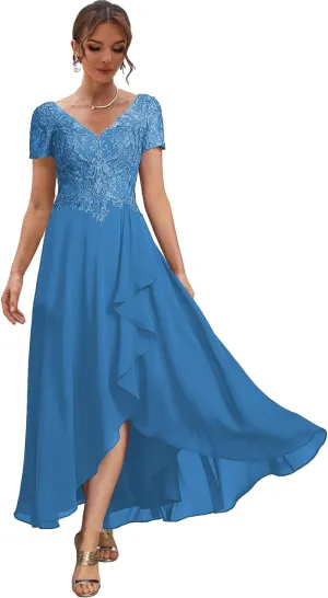 High Low Mother of The Bride Dresses with Sleeves Lace Formal Party Dress V Neck Evening Gowns for Women
