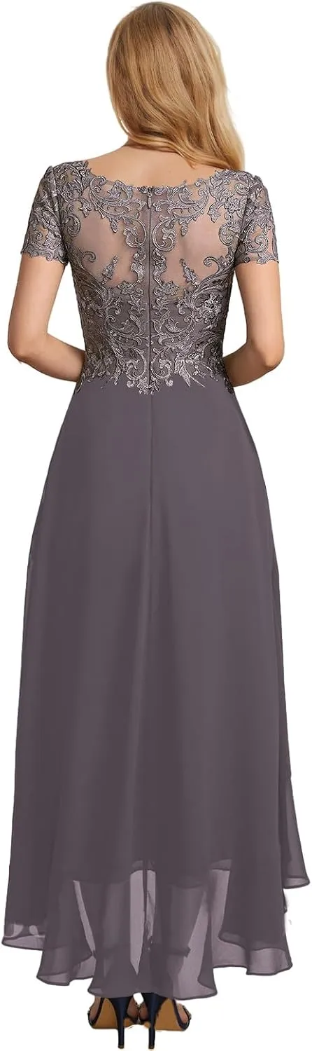 High Low Mother of The Bride Dresses with Sleeves Lace Formal Party Dress V Neck Evening Gowns for Women