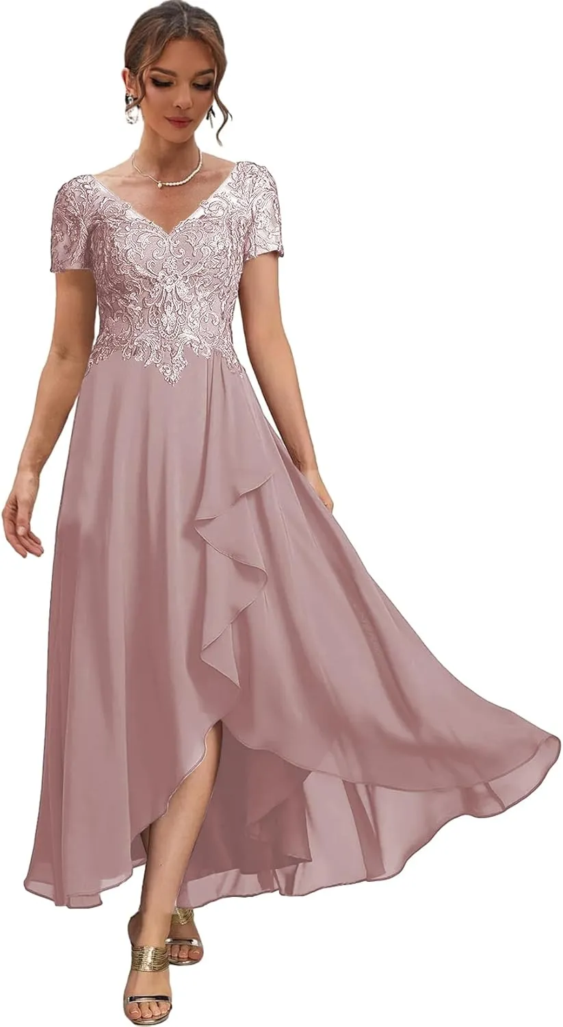 High Low Mother of The Bride Dresses with Sleeves Lace Formal Party Dress V Neck Evening Gowns for Women